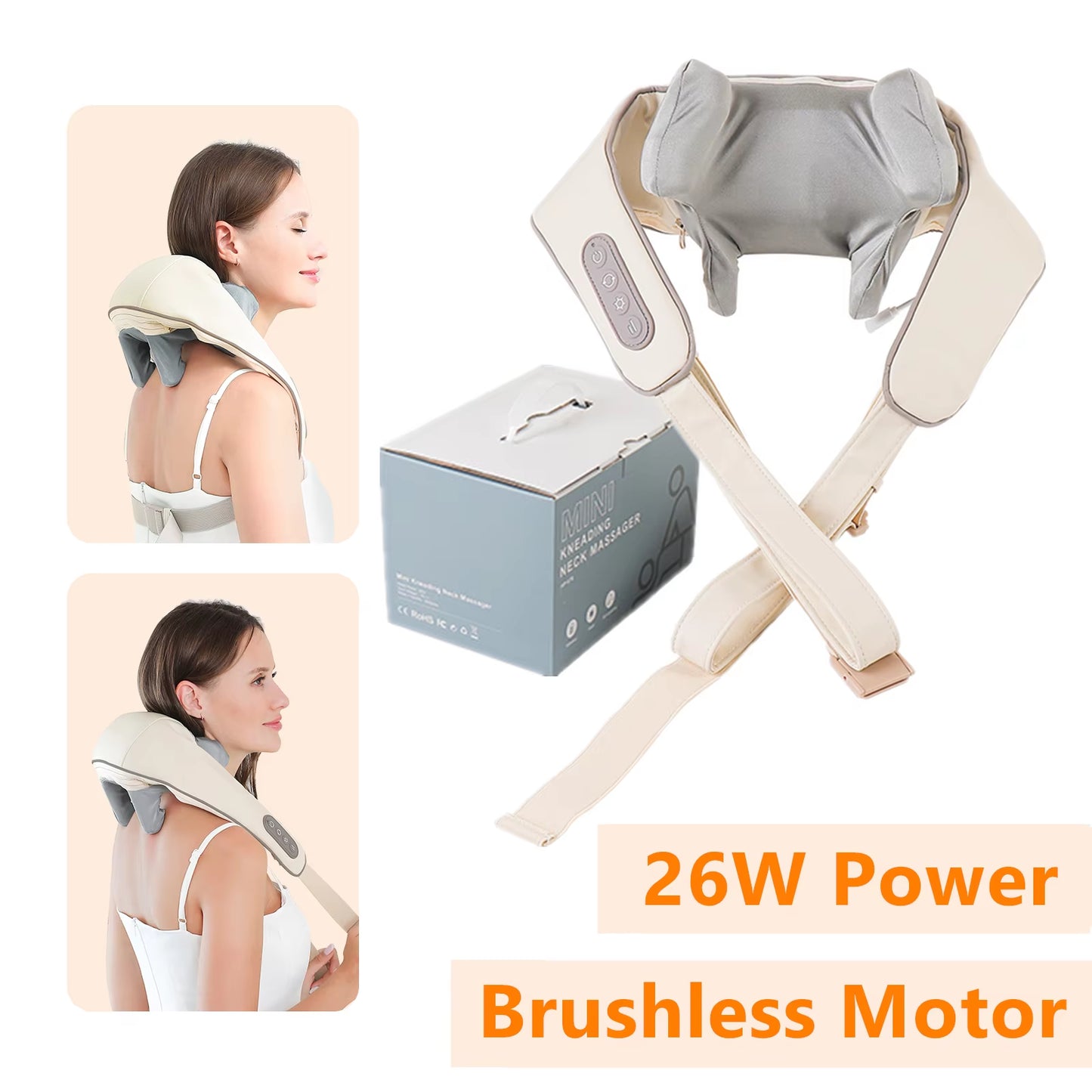 26W Brushless Motor Neck and Shoulder Massager Wireless Shoulder and Back Kneading Massage Shawl Neck Masajeador
